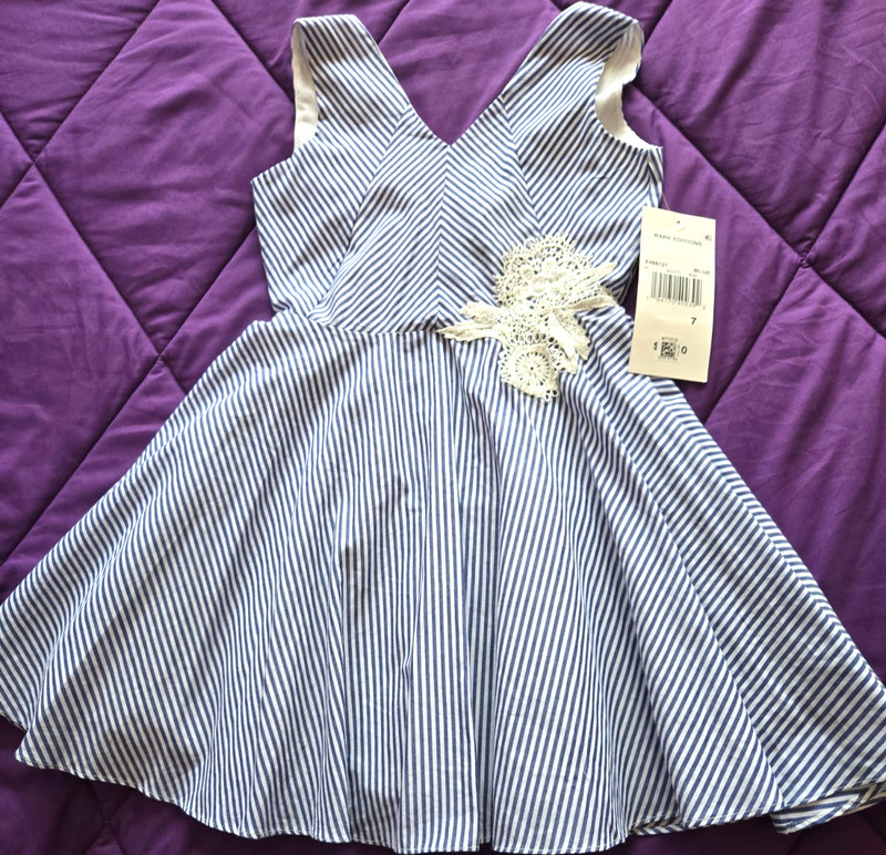 NWT Rare Editions Girl's Sz 7  Dress Sleeveless Embroidered Front Blue & White
