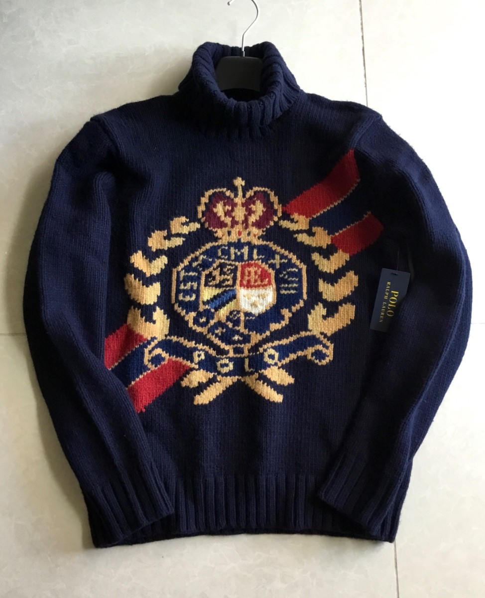 Ralph Lauren／ソリッドニットタイ／エンブレム／王冠／Italy製 Polo Ralph Lauren VTG 100% Wool Crest Crown Ski Turtleneck Knit