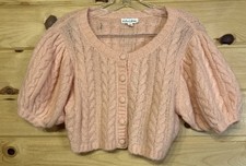 For Love  Lemons Cropped Cable Knit Cardigan Blush Pink Puff Sleeve S C 