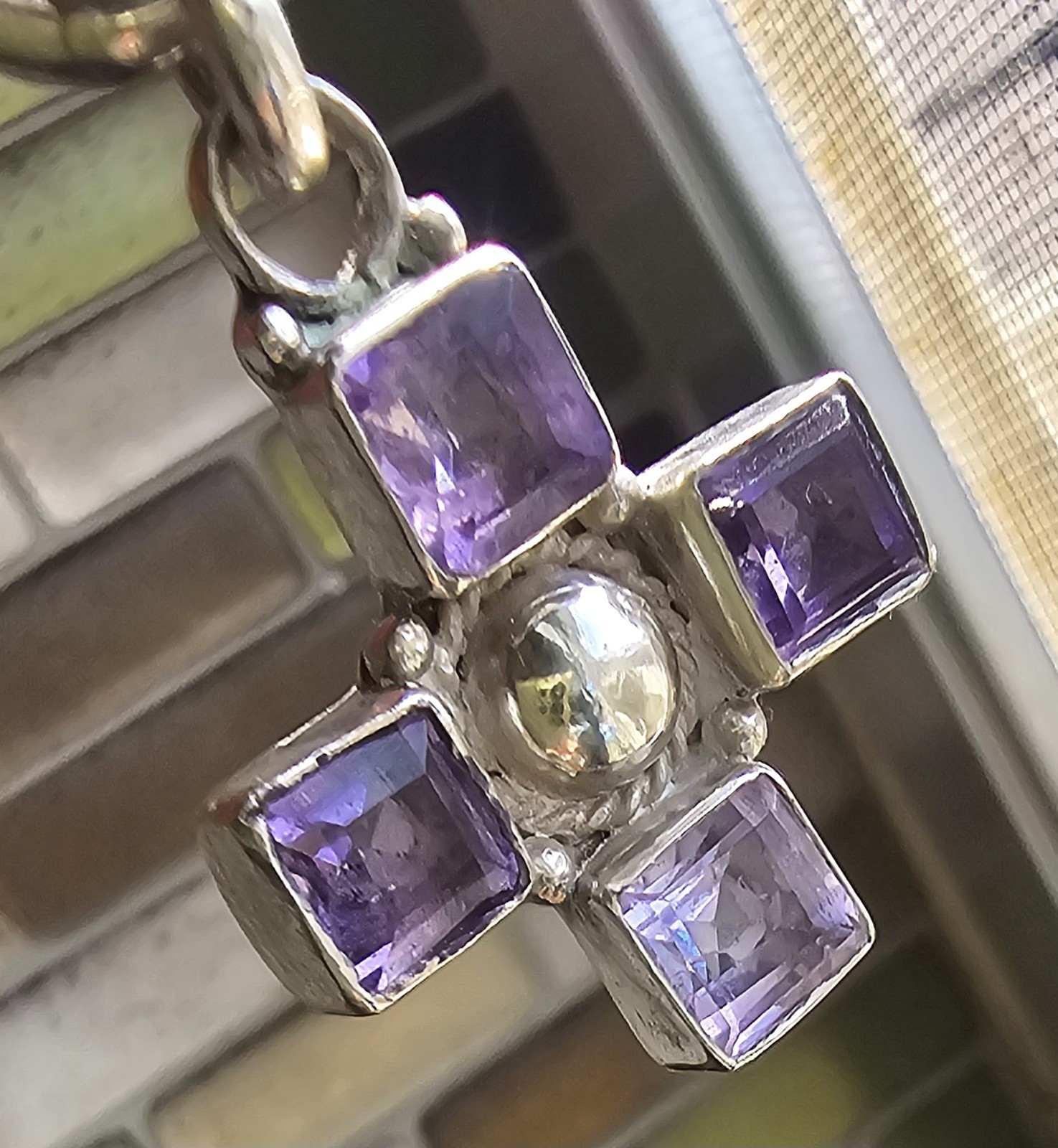 Vintage Solid Silver Chain Necklace Amethyst Cros… - image 3