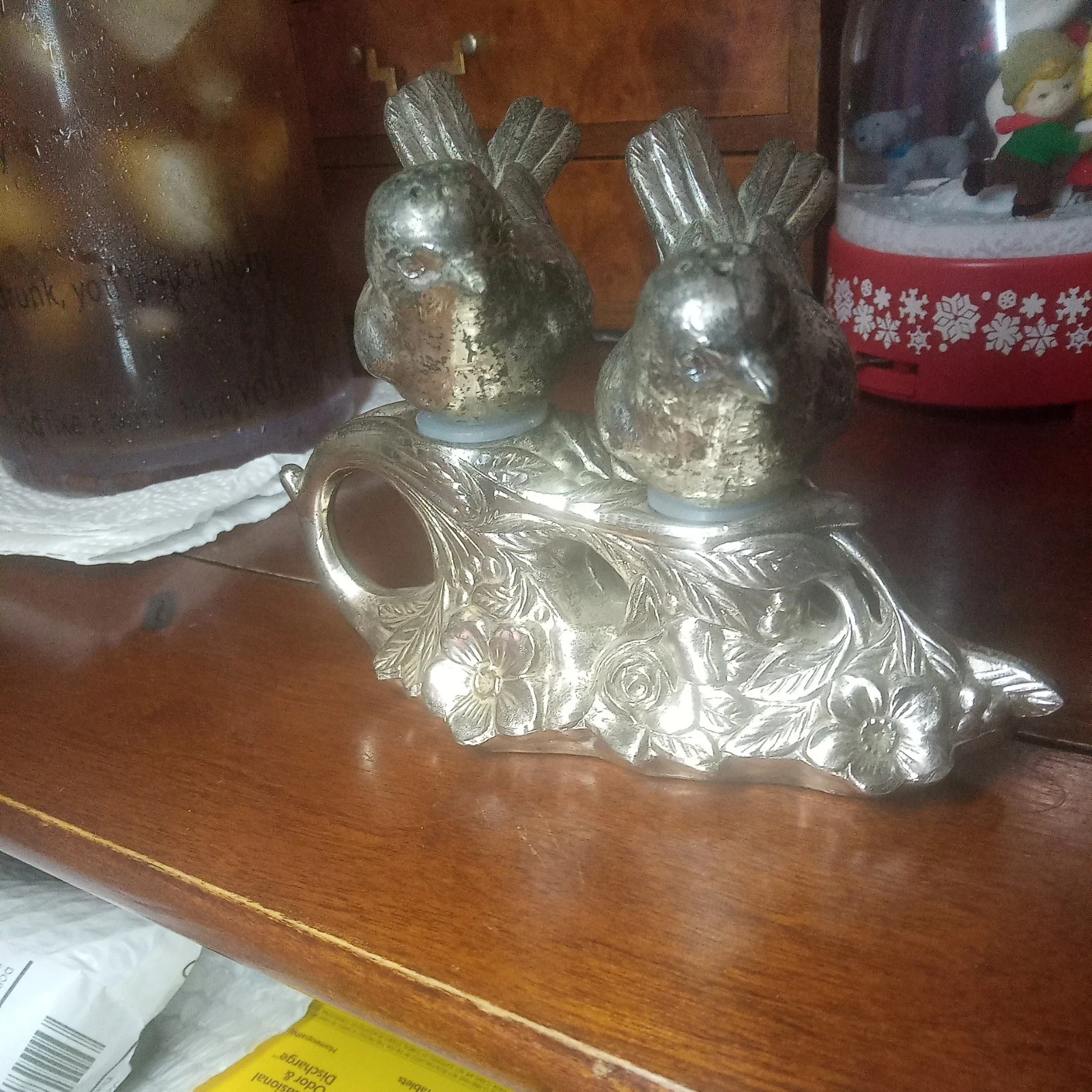 Vintage Silver Metal Bird Salt and Pepper Shaker Set Ornate Floral Stand Decor