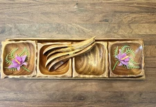 VINTAGE MCM HAND CARVED CONDIMENT SERVING SET 4 Bowls 4 Spoons  HAWAII