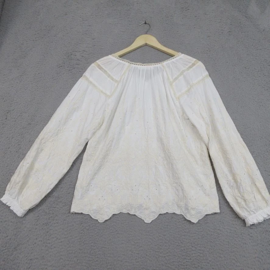 Cactus + Pearl Shirt Womens Small White Embroidered Boho Peasant Blouse Lace Top - Image 2 of 4