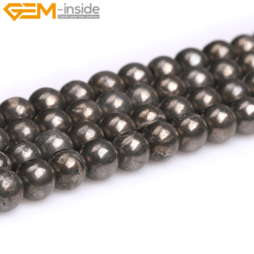 15" Natural Gray Pyrite Round Beads - Big Hole Loose Stone Jewellery Craft - Picture 6 of 34