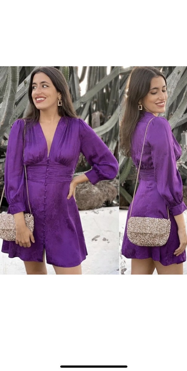 ZARA PURPLE V-NECK PLEATED SASH BELT DRAPED SHORT JACQUARD