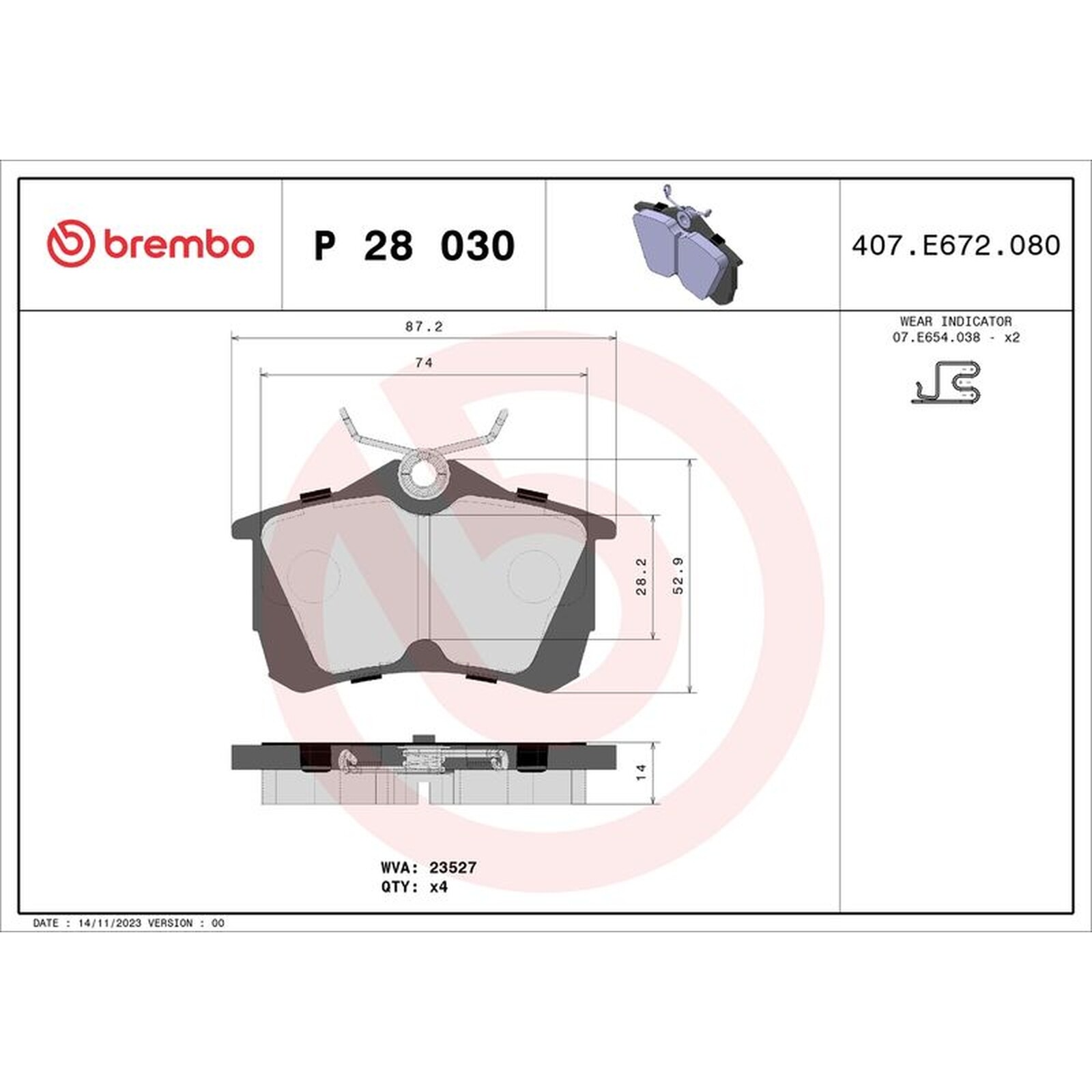 Brembo Rear Brake Pad Set (2 Wheels on 1 Axle) P 28 030 / P28030 - Fits HONDA