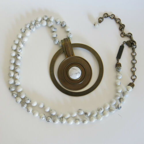 Jan Michaels Brass Pendant & White Beaded Necklace 38 Inch [6634] - Picture 1 of 11
