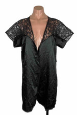 VTG 80s Fredericks Of Hollywood Black Lace Satin Robe Kimono No Tie USA MADE L