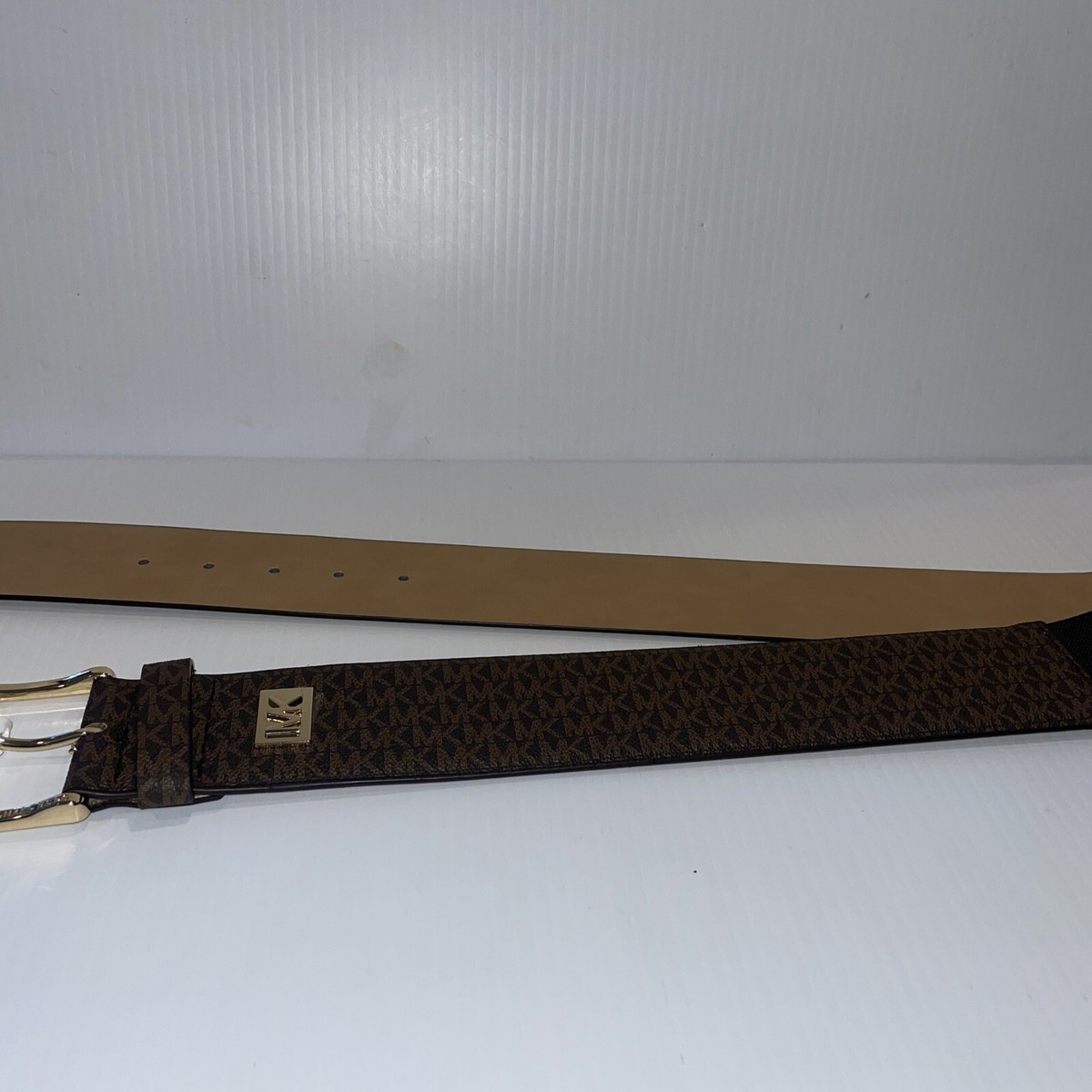 MICHAEL KORS WOMEN WIDE LEATHER BELT MK LOGO GOLD BUCKLE W  display picture 3