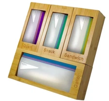 Bamboo Ziplock Bag Storage Organizer - 4 Separate Food Storage Bag Organizer
