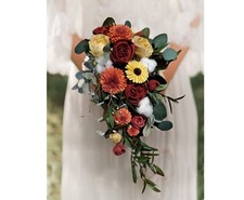 Fall Cascade Wood Bridal Bouquet Orange Burgundy Sunflower BOHO Wedding Flowers