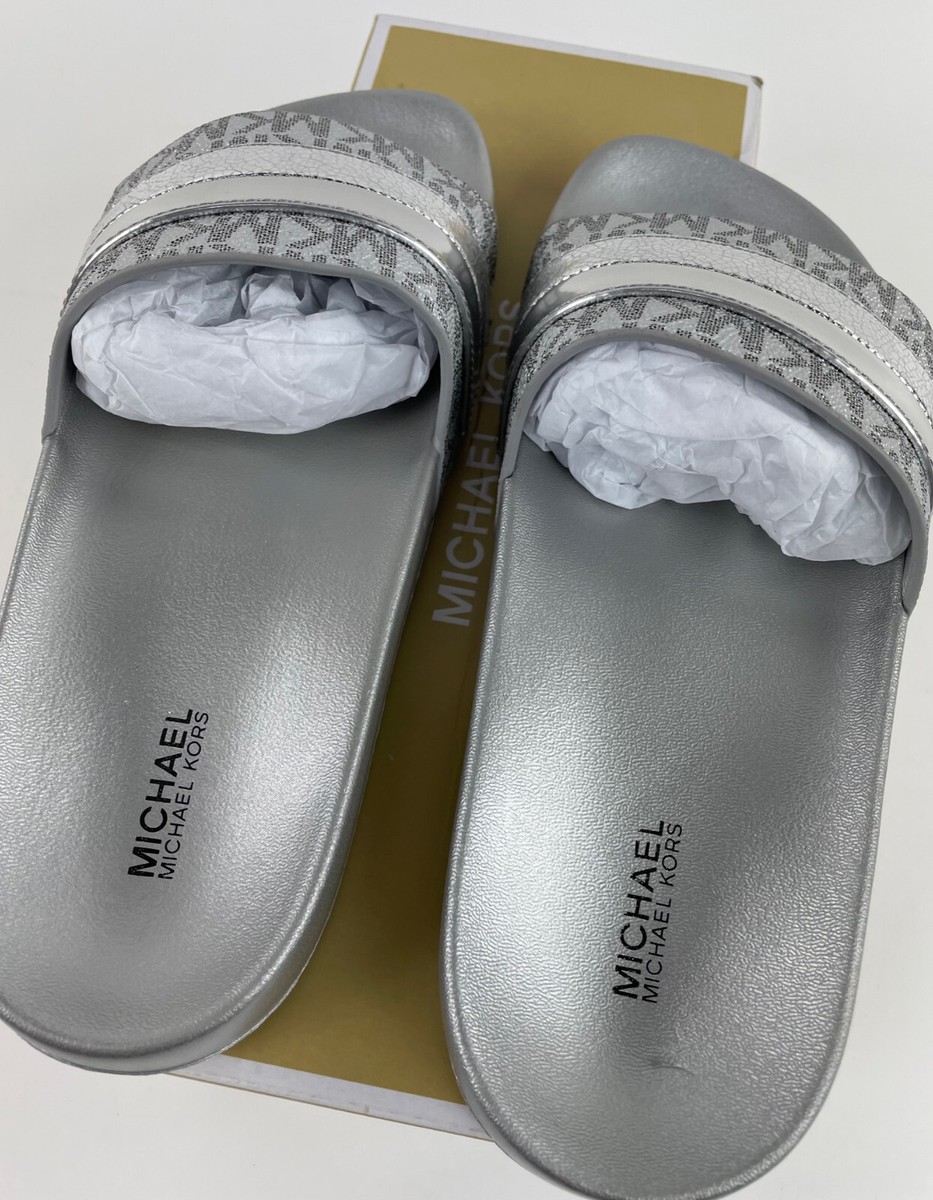 Michael Kors Brandy Metallic MK Sig SM Striped Logo Slide Sandal - Silver -  New | eBay UK