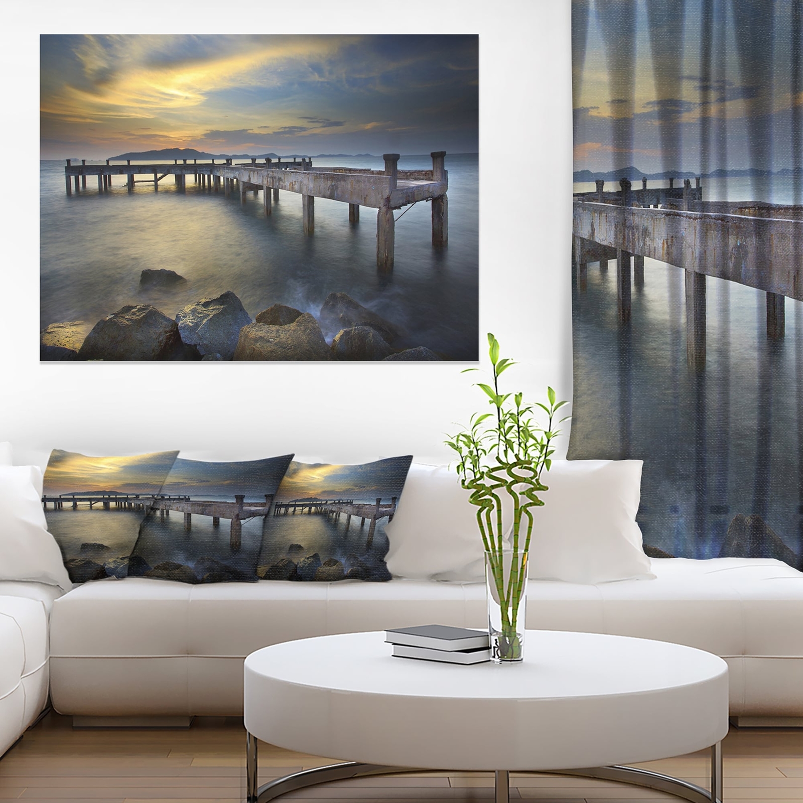 Old Wood Boat Jetty into Blue Sea - Sea Bridge Canvas Wall  Mini