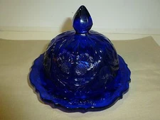 Stunning Mosser Glass Deep Blue Dome Lid Dish, Raised Floral/Leaf Design