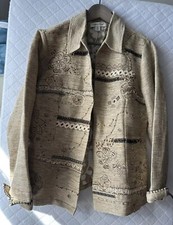 Coldwater Creek Linen Blend Jacket Size M Open Front Floral Embroidery Oatmeal