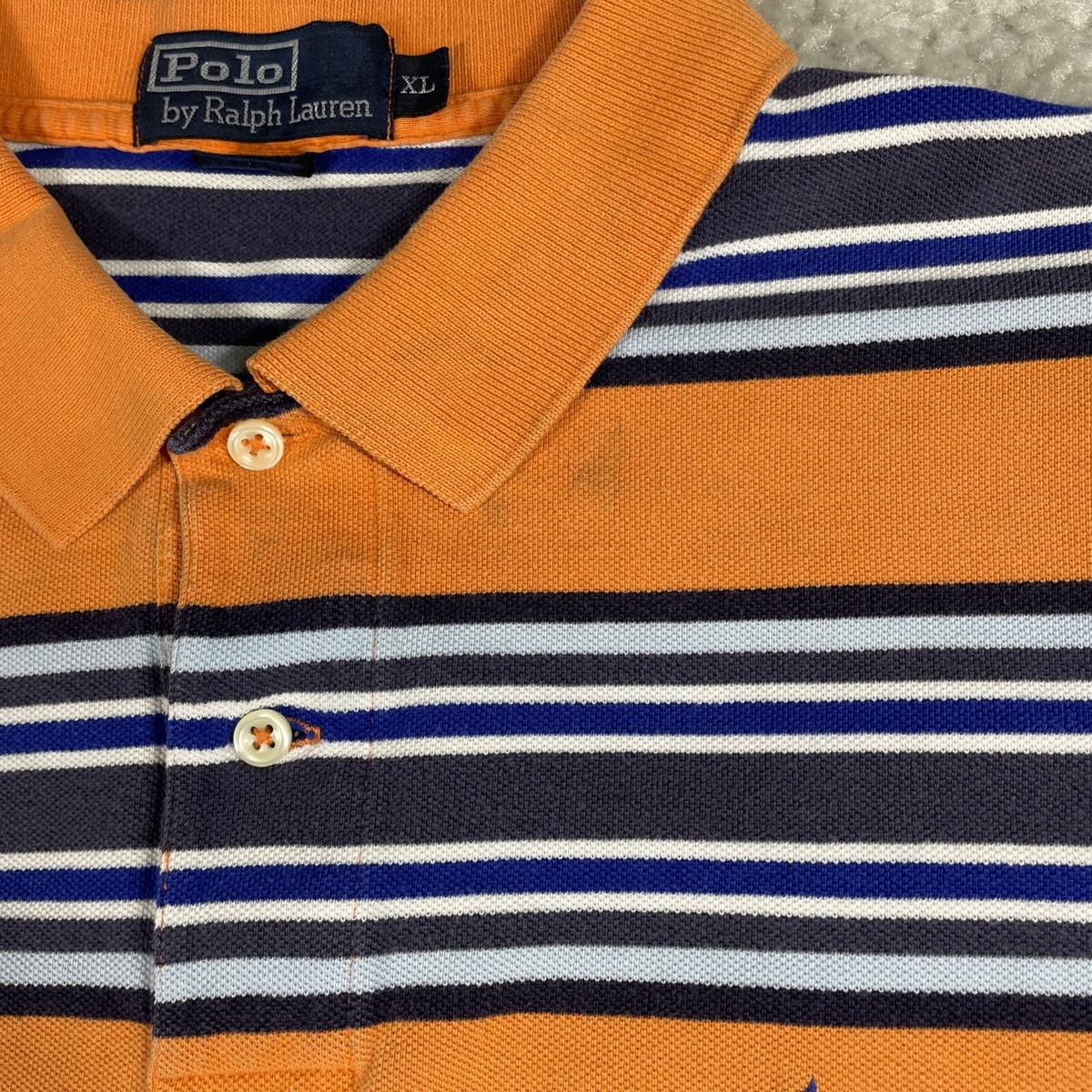 Vintage Ralph Lauren Polo Shirt Mens XL Striped Orange Blue Pony