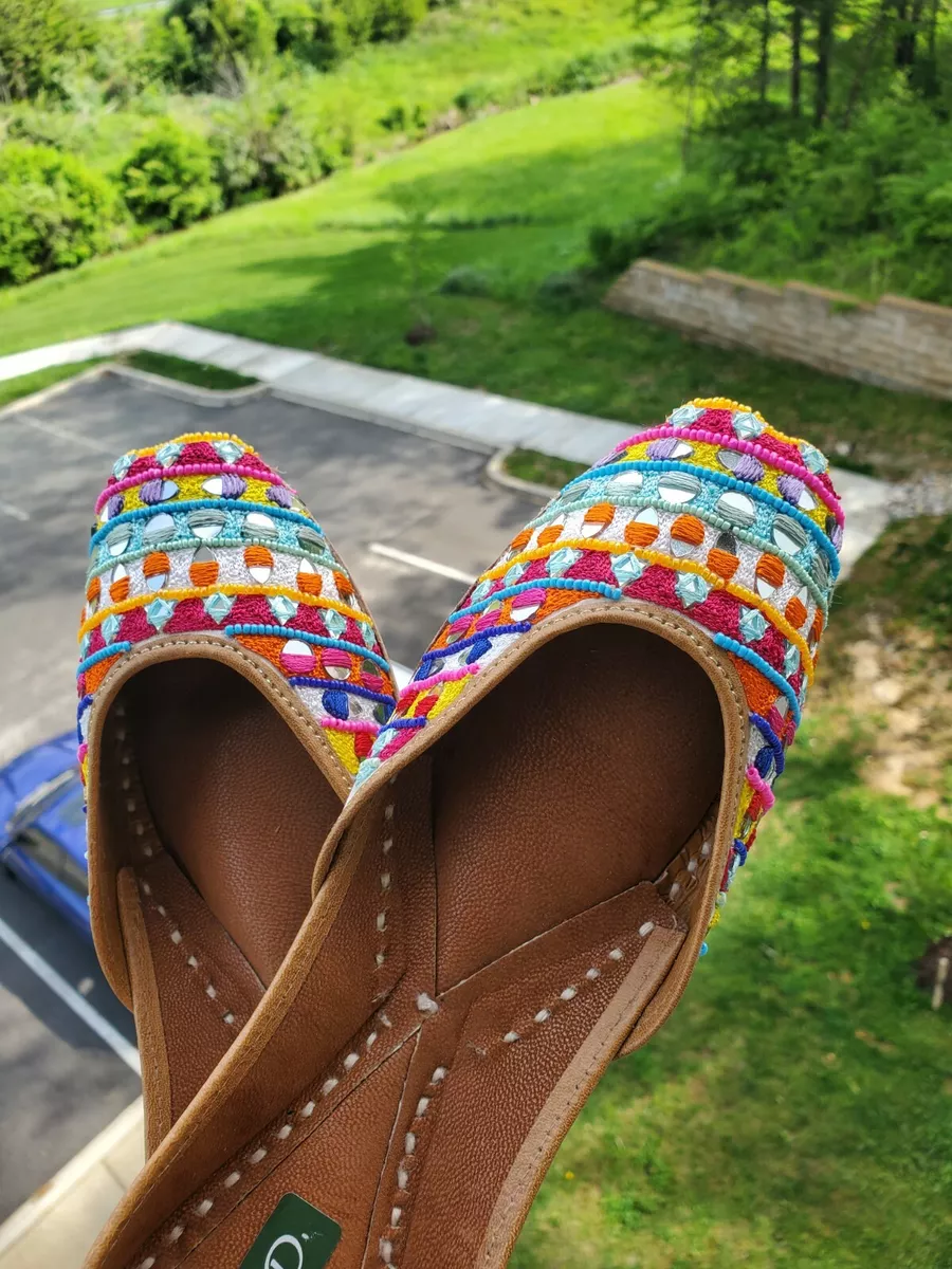 Punjabi Jutti Indian Shoes Women White Orange Slipon US sizes Feminine Colorful