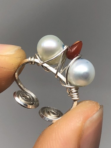 Fine Silver Handcrafted Ear Cuffs Genuine Fire Opal + Pearls E3 - Photo 2/6