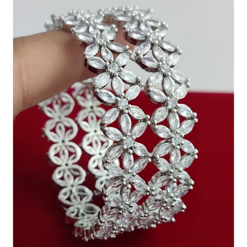 Indian Silver American Diamond Bangles/ Set Of 2 CZ/AD Diamond Bangle Jewelry - Picture 4 of 7