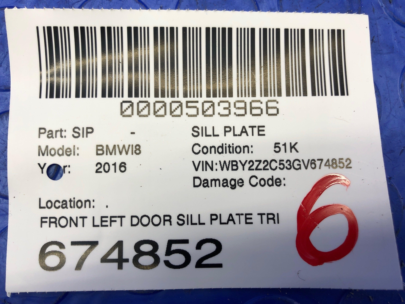 2014-2019 BMW I8 OEM FRONT LEFT DOOR SILL PLATE TRIM PANEL COVER 51477314937
