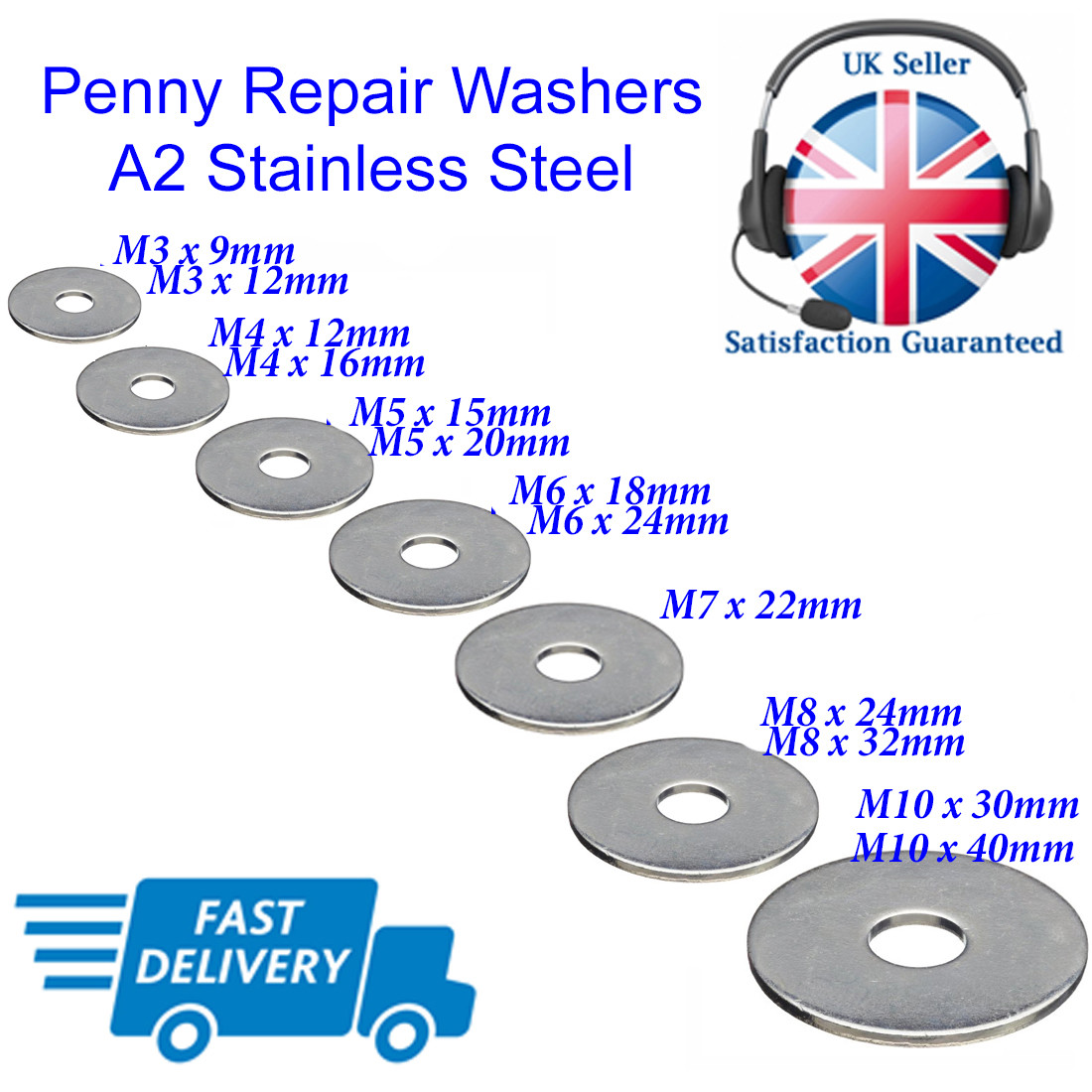 Penny Washers Mudguard Washer Repair A2 Stainless Steel M3, M4, M5 M6