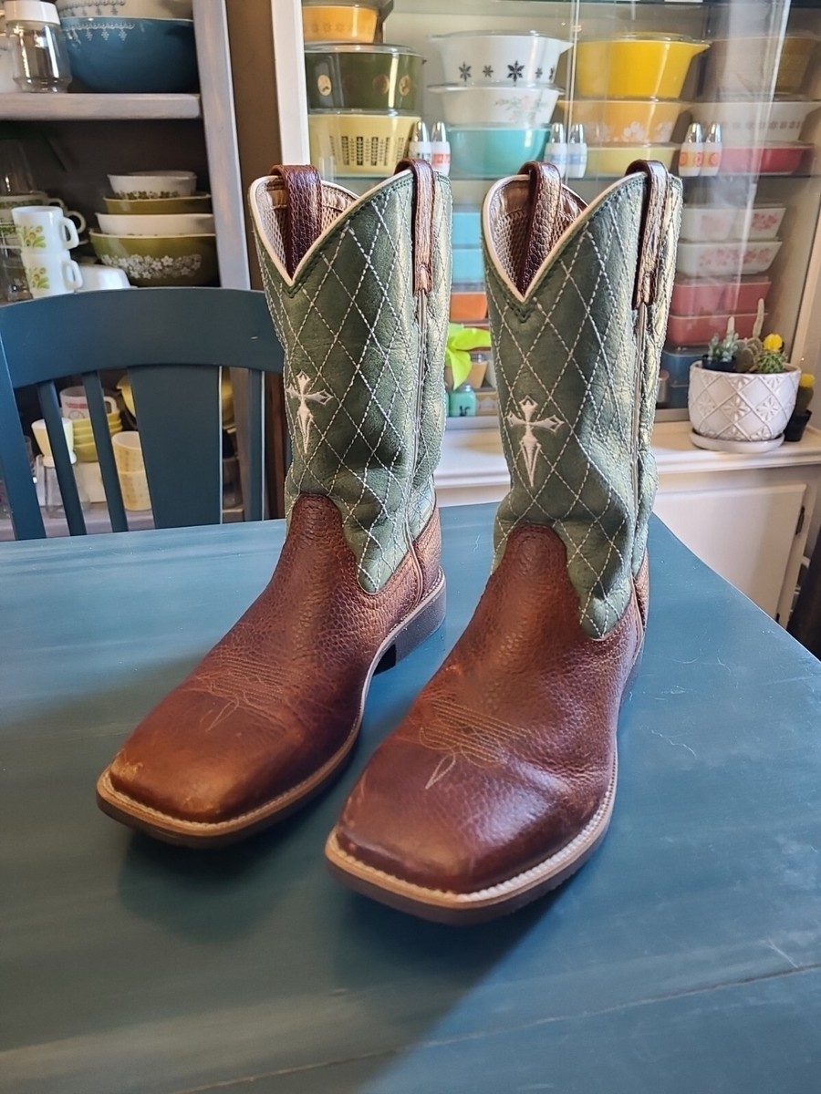 TWISTED X Brown & Green Cross Leather Cowboy Work Boots YCW002