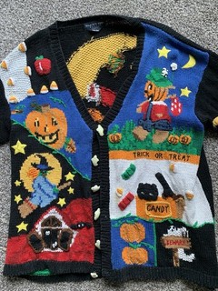 Vintage The Eagle’s Eye Hand Knitted Halloween Cardigan Ghost Scarecrow X Large