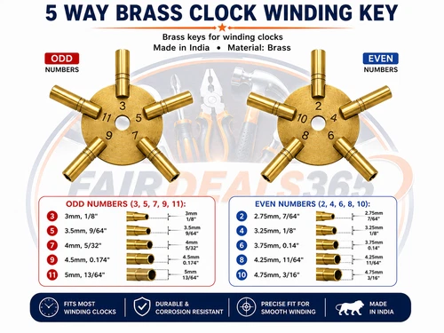 Universal Brass Clock Key for Winding Clocks 5 Prong Even & ODD Numbers