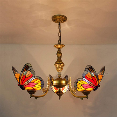 Pendant Light Stained Glass in Tiffany Lamp Style with 3 Butterflies Shade Ceili