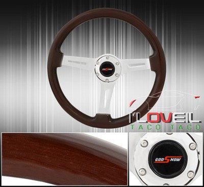 345mm Dark Wood Grain Silver Streak Design Steering Wheel + Jdm Godsnow Button