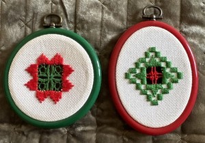 2 Norwegian Style Hardanger Needlework in Round Embroidery Frames 4" Christmas