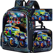 AGSDON 3PCS Kids Backpack for Boys, Trucks Bookbag with Lunch Box for Kids 6-...