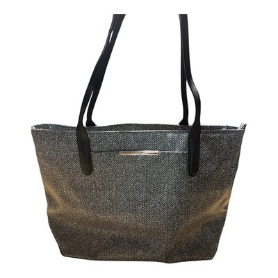 TUMI Herringbone Pattern Tote Bag Logo Zipper Black White Women's Shoulder