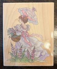 New STAMPS HAPPEN, INC 80009 Lady With Parasol Block Rubber Stamp Spring