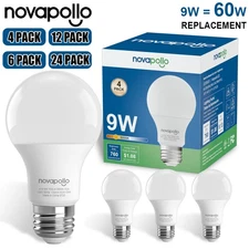 Novapollo A19 LED Light Bulb 5000K Daylight 60W Equivalent 9W E26 4/6/12/24 Pack