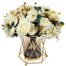 Faux Flowers with Vase, Silk Peony Bouquet Artificial Flowers in Vase, Fake F...