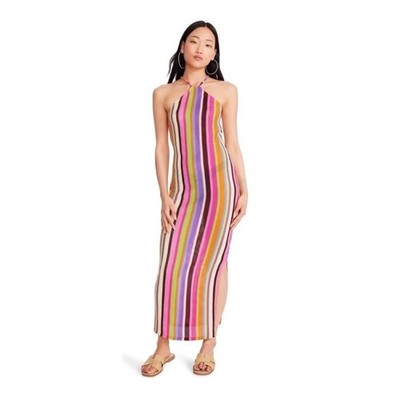 Steve Madden Multicolor Rainbow Striped Knit Crochet Halter Knit Maxi Dress M