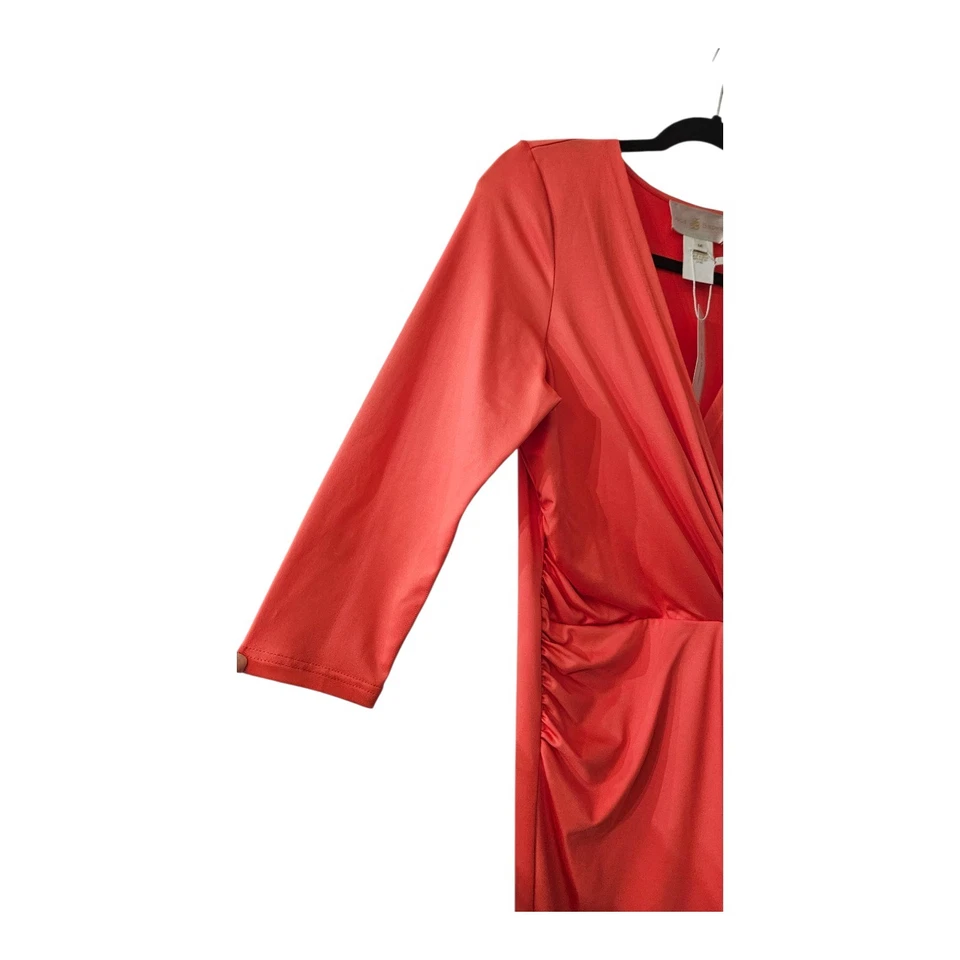 Vestido Julie Marrón Nuevo con Etiquetas Talla M Frontal Torcido Fruncido Coral Cuello en V Mangas 3/4 Elastizado Foto 4 de 4