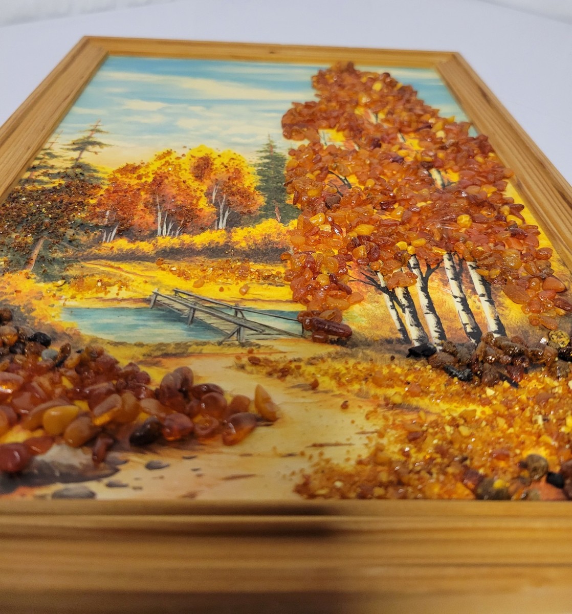 Framed Vintage Handmade USSR Soviet Amber Landscape Art 9.5