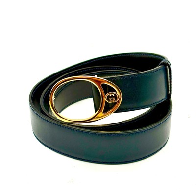 GUCCI GG Logo Belt Black x Gold Hardware Leather Authentic 