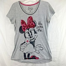 Minnie Mouse Shirt Womens Small 4-6 Gray Pink Sequin Hair Bow He Loves Me Disney