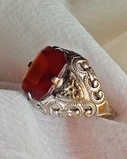 FANCY ANTIQUE OSTBY BARTON ETCHED STERLING RED STONE RING SZ 7 OB