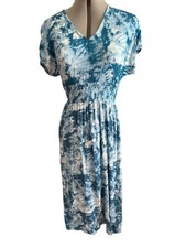 BeBop Womens M Tie-Dye Blue Midi Dress Short Sleeves Keyhole Back Smocked Waist