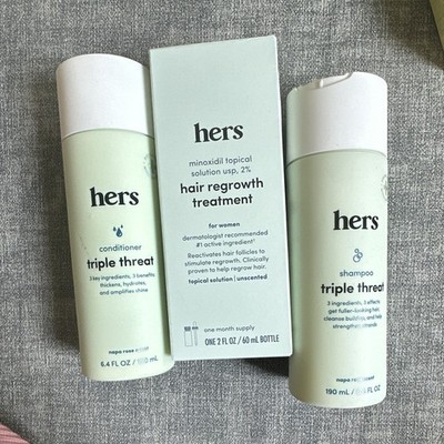 hers Triple Threat Hair Growth Set Minoxidil 2% Shampoo Conditioner