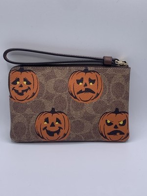 Coach Corner Zip Wristlet Signature Canvas Halloween Pumpkin CCL20