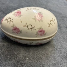 Vintage Norleans Large Egg Shaped Trinket Dish w/Lid Roses Porcelain Japan