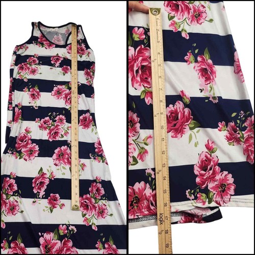 Floral Slit Leg Maxi Dress Womens Small Blue White Striped Pink Racerback - Picture 10 of 11
