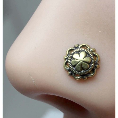 Ethnique Indien Floral Nez Clou Ancien Or Finition Bague Tire-Bouchon Courbure L - Afbeelding 1 van 3