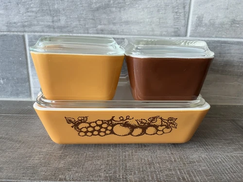 Vintage Pyrex Old Orchard COMPLETE Set Refrigerator Dish Brown Yellow With Lids