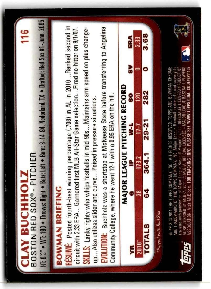 2011 Bowman Chrome Clay Buchholz ' Boston Red Sox #130 - Image 2 of 2